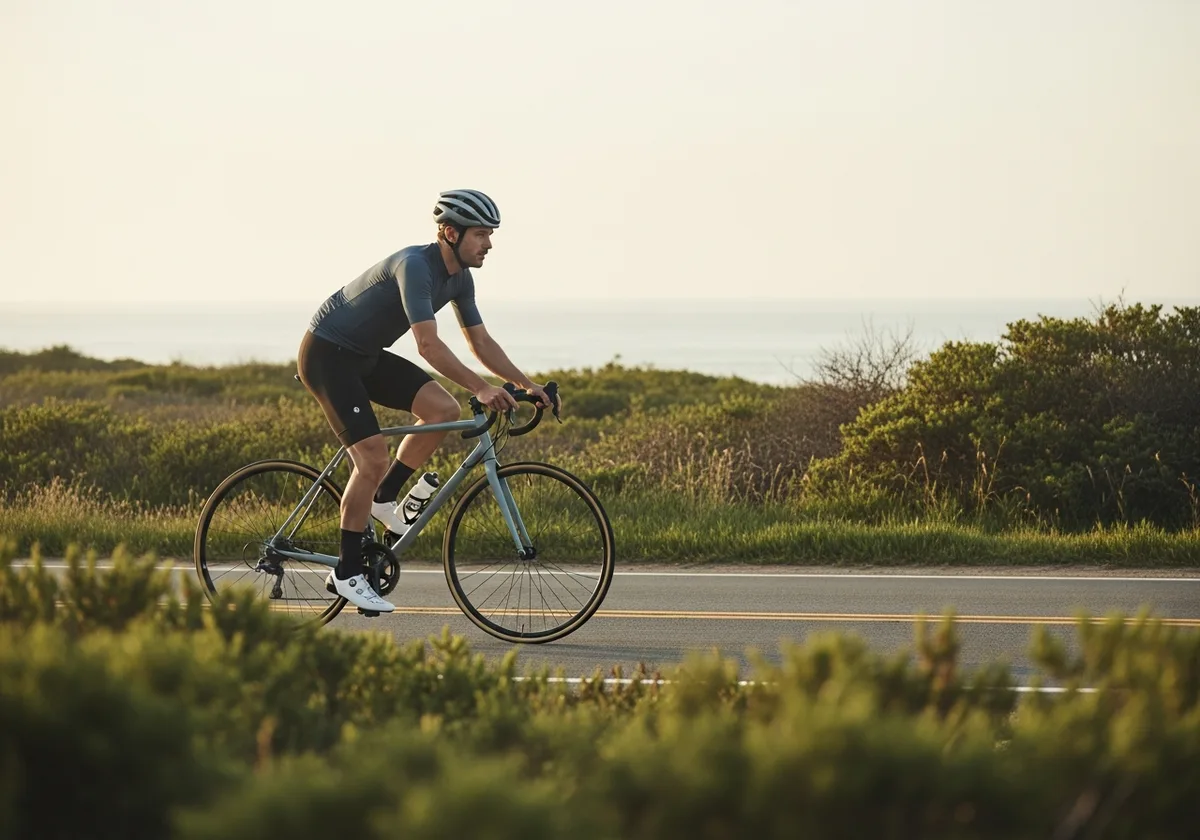 Cyclist holding a steady pace along the Pacific coast — sustained, compounding momentum