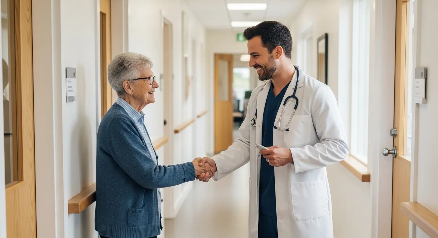 Physician greeting a patient in a clinic hallway