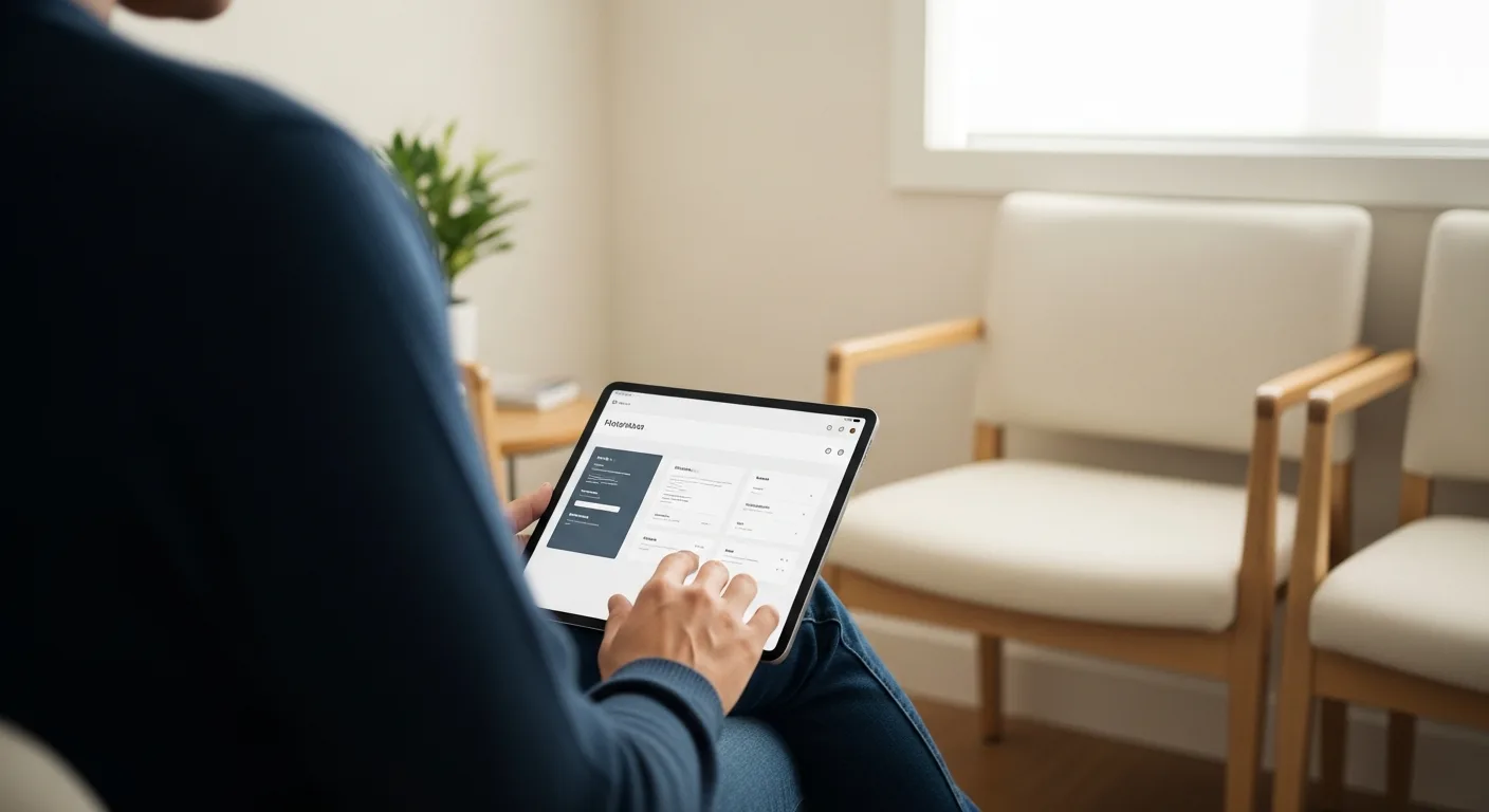 Patient checking in on a tablet in a calm, modern clinic waiting room